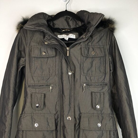 Laundry by Shelli Segal Fur Trim Hood Long Jacket Green Size XS - Picture 2 of 16